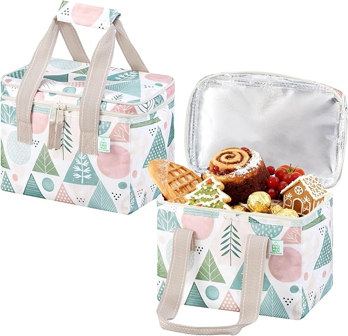VENO 2 Pack Insulated Lunch Bag for Women Men, Reusable Lunch Box Grocery Shopping Bag Small Cooler with Handles Zippers for Work Office Picnic Beach (Pastel Forest)