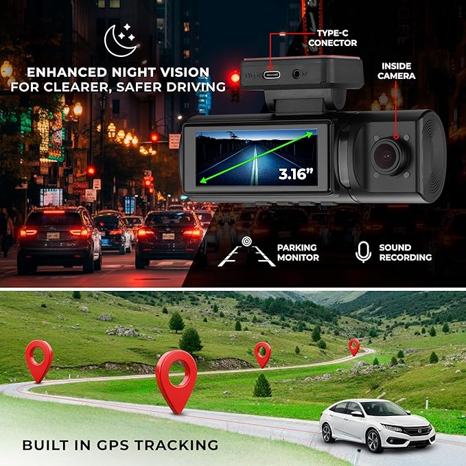DS18 Eagle-F3 4K Dash Cam Triple Front Cabin and Rear, WiFi GPS Dash Cam with Night Vision, 24/7 Parking Mode, G-Sensor, Loop Recording, Includes 64GB microSD Card