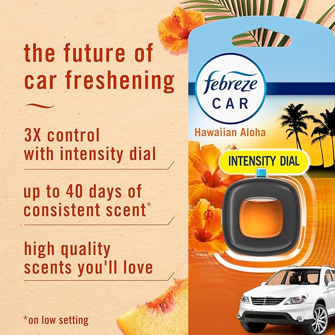 Febreze Car Air Freshener, Odor-Fighting Automotive Vent Clip, Scented Car Accessories, Long Lasting for Strong Odors, Hawaiian Aloha Scent, 4 Count