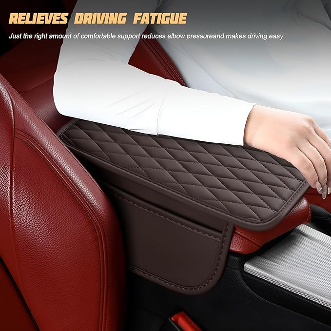 Car Center Console Cover, Leather Vehicle Armrest Seat Box Cushion Pad with Storage Bags, Waterproof Automotive Middle Console Protector, Universal for SUV RV Truck (Coffee)