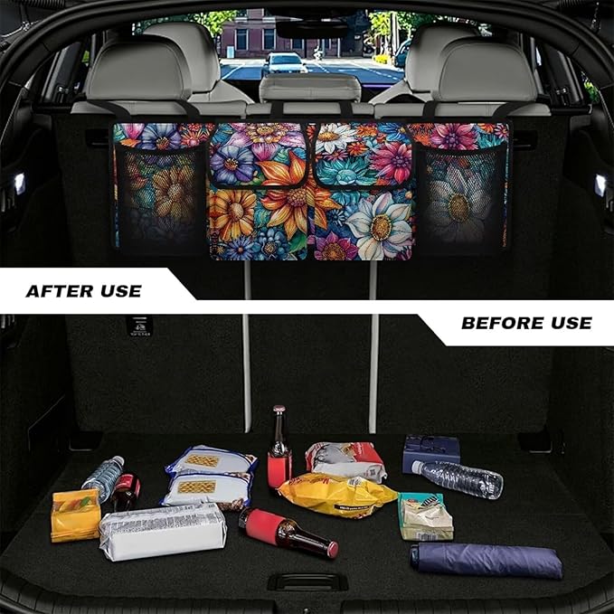 Boho Floral Blossoms Trunk Organizer Car Women Large Capacity Hanging Car Organizer Collapsible Cargo Bag,Easy to Install
