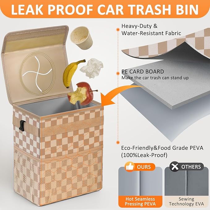 Car Trash Can Bin with Lid Hanging for Back Seat, Car Accessories for Women Men Leak Proof Automotive Garbage Cans Leakproof Vehicle Trash Can for Truck SUV,Khaki Checkered