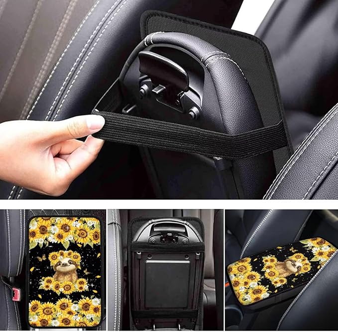 Suobstales Sloth Sunflower Daisy Butterfly Print Car Armrest Pad Soft Center Console Arm Rest Protector Cover Universal Car Interior Accessories Decoration