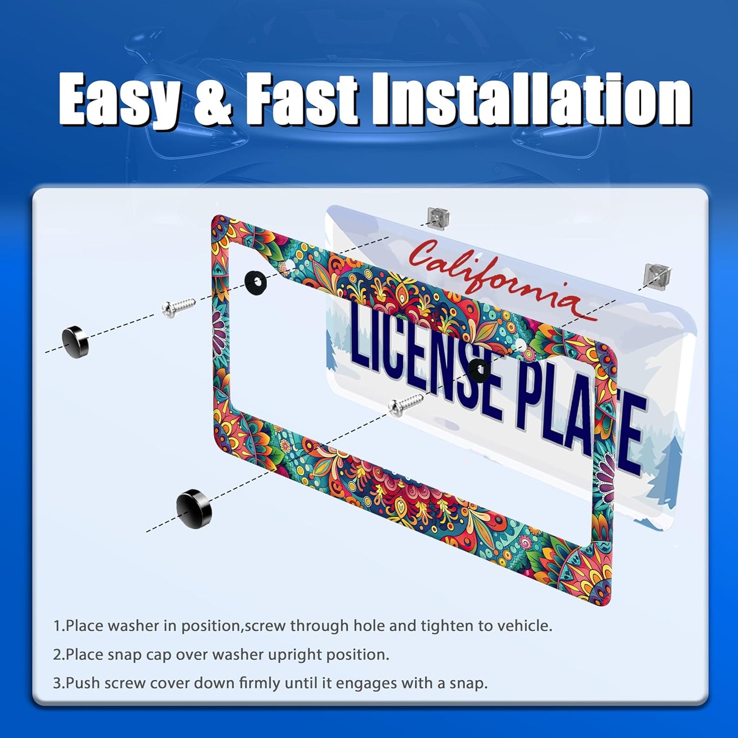 Boho License Plate Frame Beautiful Mandala Flowers License Plate Stainless Steel Funny License Plate Holder Hippie Car Accessories Decoration with 2 Screws Fits Standard Vehicles Size 12.3" x 6.3"
