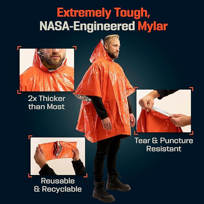 PREPARED4X Emergency Mylar Poncho – Survival Rain Poncho with Hood – Lightweight, Compact, Reusable Emergency Blanket Poncho for Hiking, Camping, Thermal Gear, Car Kit, Outdoors