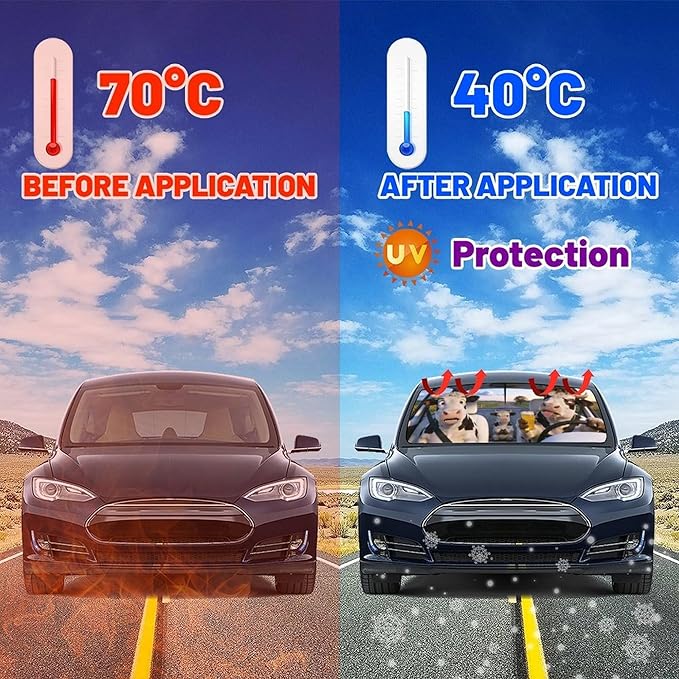CHILL·TEK Funny Car Windshield Sun Shade Umbrella, Funny Cow Car Sun Shade Umbrella, Block UV Rays Heat Foldable Windshield Umbrella Sun Visor Protector - Keep Vehicle Cool for Cars SUV
