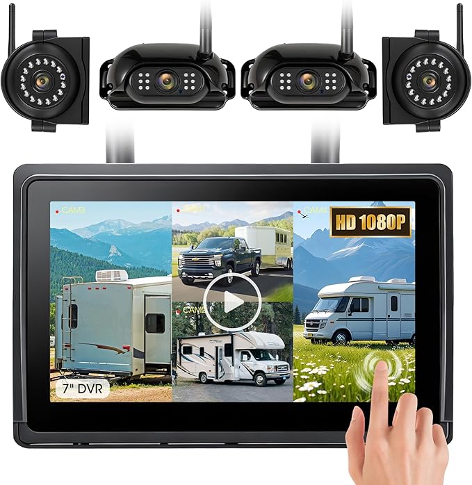 Wireless RV Backup Camera System 7" 1080P Touch Screen & 4 Cameras, Compatible with Furrion Pre-Wired Plug, DVR Monitor & Waterproof Night Vision Rear Side View Camera for Trailer Truck, A14