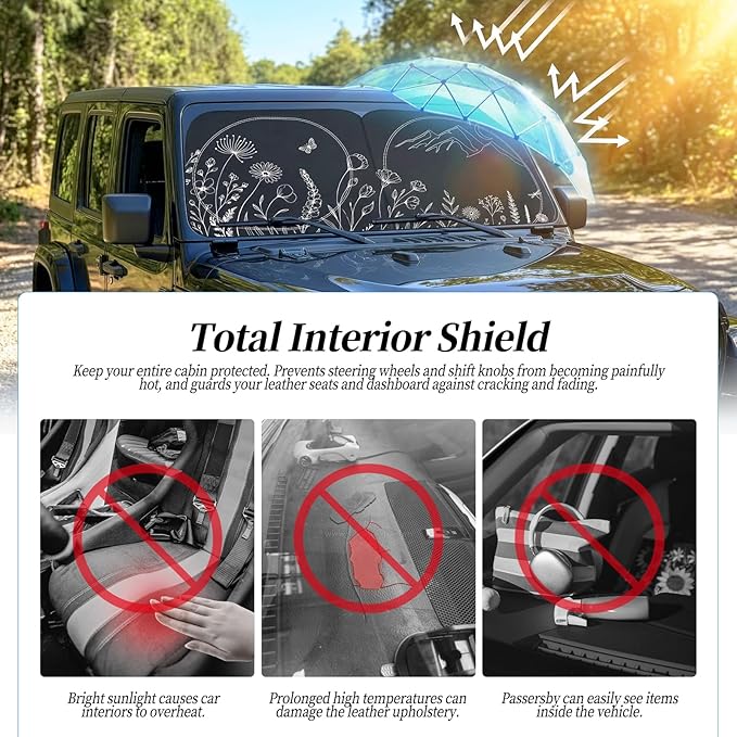 63"x28.5" Car Windshield Sun Shade with Storage Pouch, Stylish Printed Front Window Sunshade with Double Ring Frame, Universal Fit Foldable Heat Blocker & UV Protector for SUV, Sedan (Line Plants)