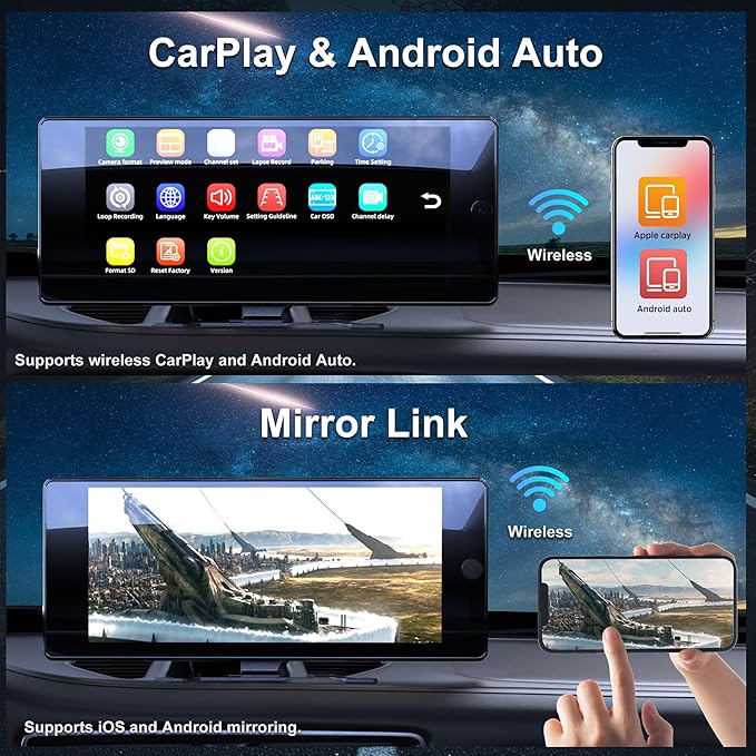 ASLONG 10.36" Wireless CarPlay Screen for Car & 4K 4CH Dash Cam with Android Auto, Portable HD Touchscreen Car Stereo with 1080P Backup Camera, GPS Navigation Mirror Link for Semi Trailer Truck