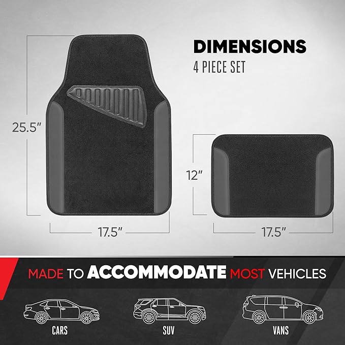 Motor Trend Waterproof Car Floor Mats Universal Fit Car Mats with Driver Heel Pad Leather Car Carpet Floor Mats for SUV Van Sedan Truck Anti-Slip Backing Carpet Mats Black and Gray