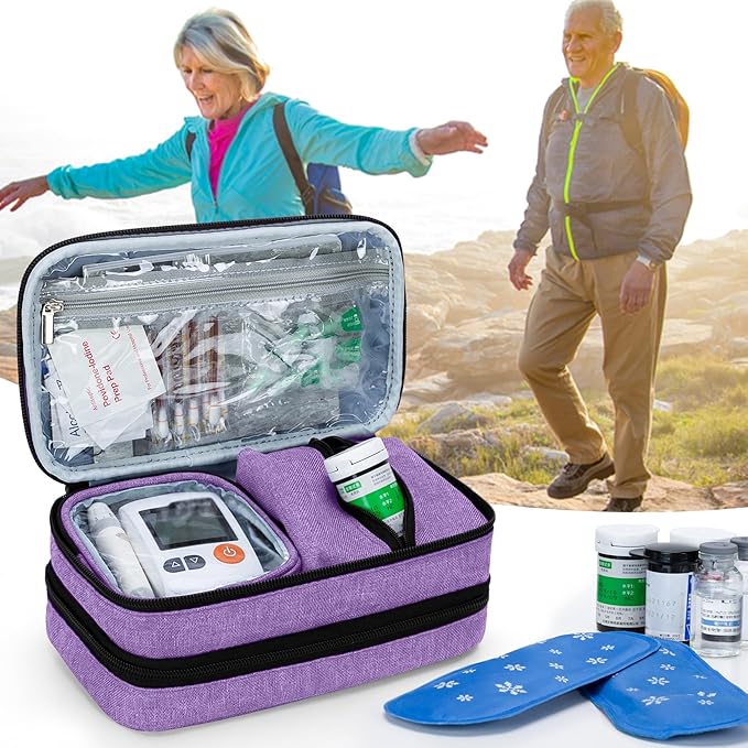 CURMIO Insulated Insulin Cooler Travel Case, Double Layer Diabetic Supplies Storage Bag with Detachable Pouches for Diabetic Medication and Ice Packs, Purple, Empty Bag Only