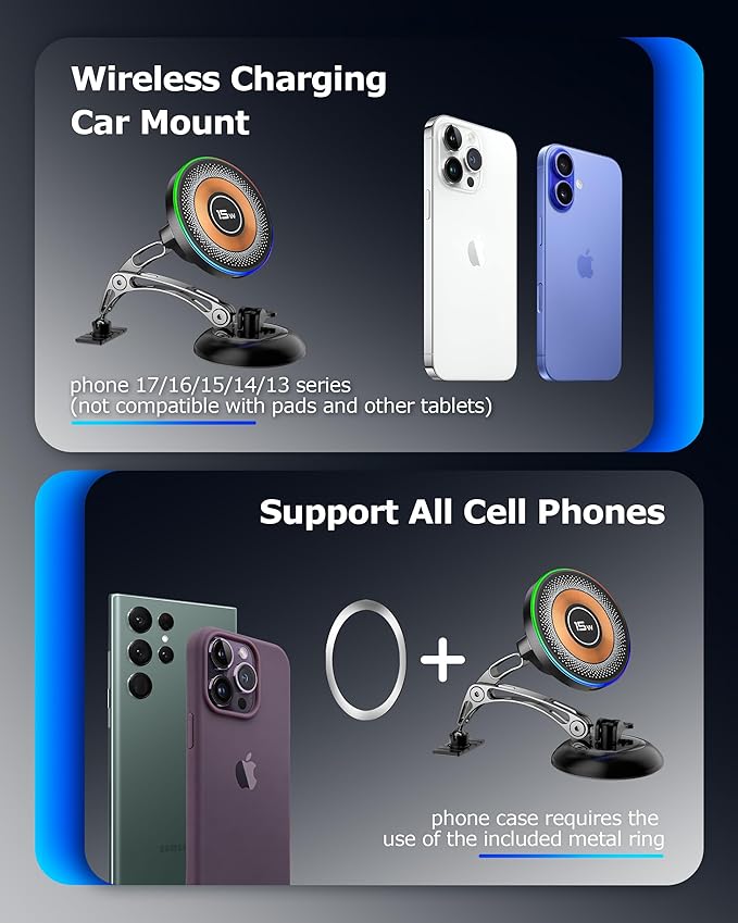 ZBF Magnetic Wireless Charging Car Phone Holder with 15W Fast Charging & Strong Vacuum Suction, 360° Rotatable Dashboard & Windshield Mount for Magsafe iPhone 17/16/15/14/13 Android Galaxy S24/S23/S22