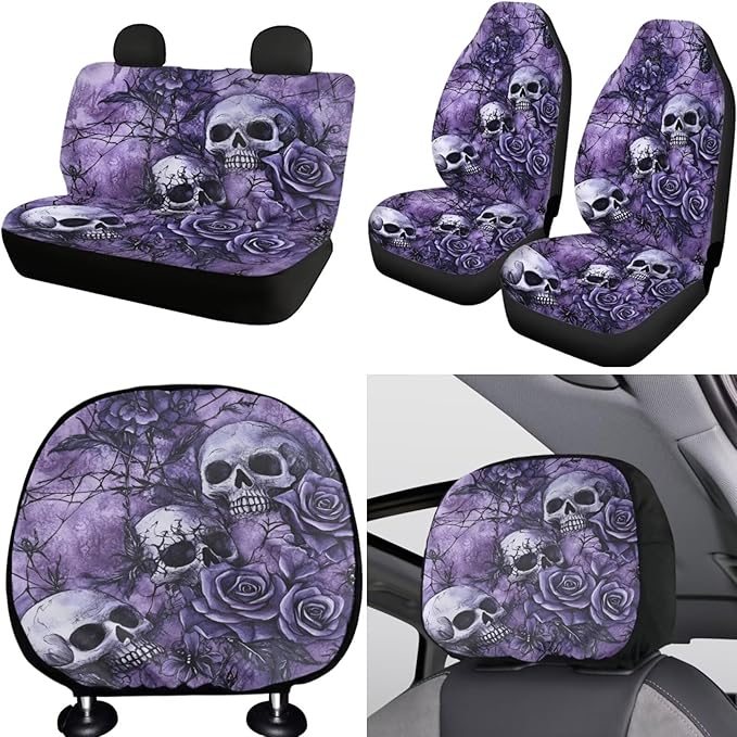 FKELY Purple Skull Car Seat Covers - Full Set for Women - Floral Foiled with Headrest & Gear Shift Cover, Steering Wheel Cover, Handbrake & Cup Coasters