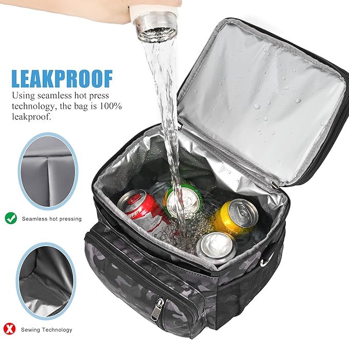 MIYCOO Lunch Bag & Lunch Box for Men Women, Double Deck Leakproof Insulated Soft Large Adult Camping Cooler bag for Work, Beach, Picnic, Travel (Black Camo, 15L)