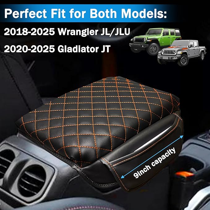 Center Console Cover for Jeep Wrangler JL 2018-2026 & Gladiator JT 2020-2026 1.2in Thickness Armrest Cover Leather Arm Rest Lid Protector Cushion Pad with Stroage Pockets Interior Accessories (Orange)