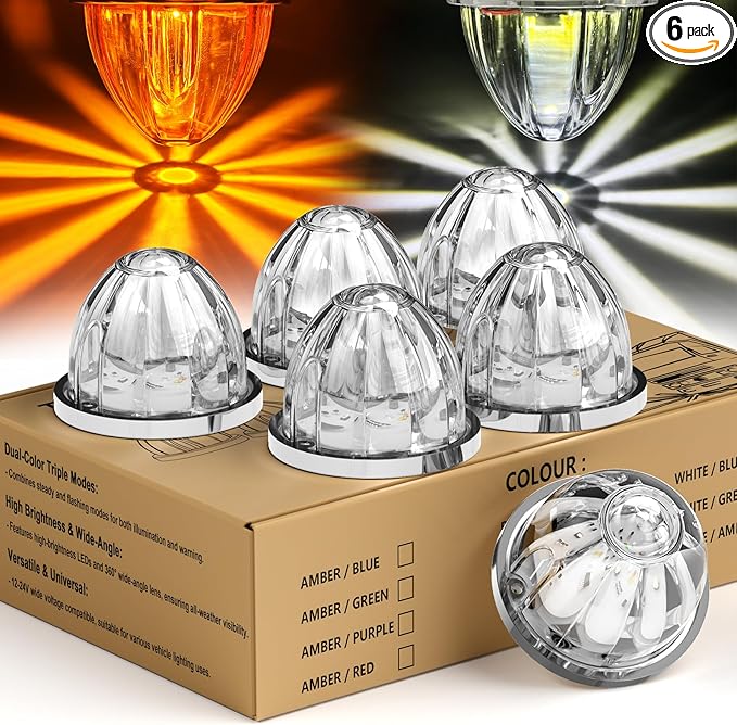 6-Pack Dual Color Watermelon Lights with Strobe & Steady Lighting, Clear Lens Amber/White LED Side Marker Turn Signal Lights for Truck Trailer RV Off-Road Vehicle