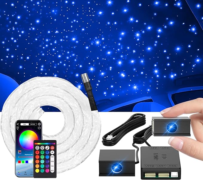Split Starlight Headliner Kit - 600pcs 0.02in 4.9ft Fiber Optic RGBW Star Lights for Car with 2 Light Heads 16W Engine Easy to Hide,Flexible Wiring,APP/Remote Control for Car Roof Ceiling