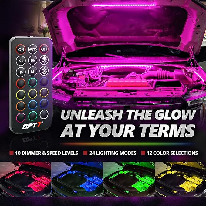 OPT7 Aura Pro Engine Bay Lights w/App & Remote Control, 4PCS 24” Waterproof Underhood LED Light Strips, RGB Multi-Color Music Sync Decoration for Pickup Truck Tacoma Tundra 4Runner Dodge Durango
