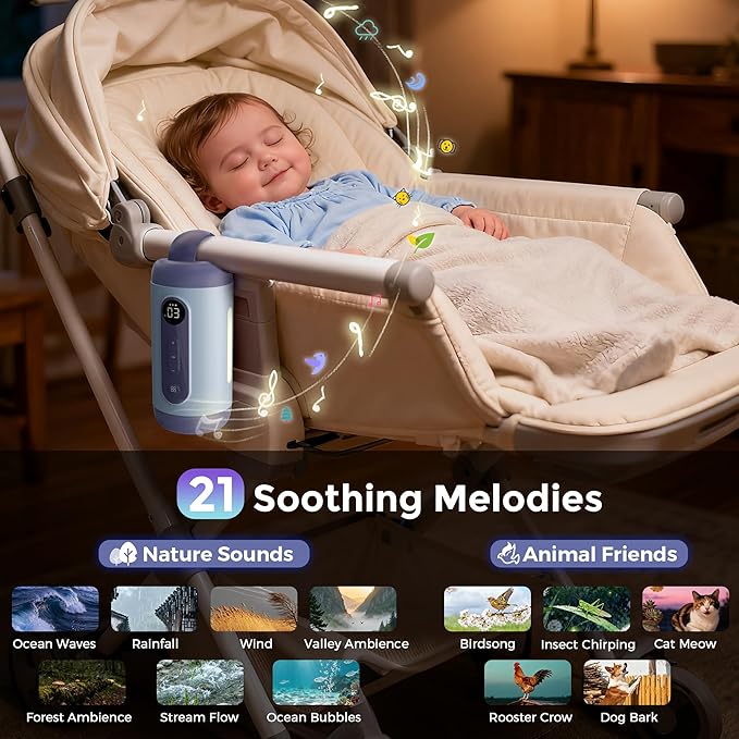 Rechargeable Hands-Free Baby Rocker & Sleep Soother – Portable Vibration Device with 6 Levels, 21 Melodies & Smart Sensor – Fits Most Strollers, Car Seats & Baby Gear, Travel Essential for Newborns