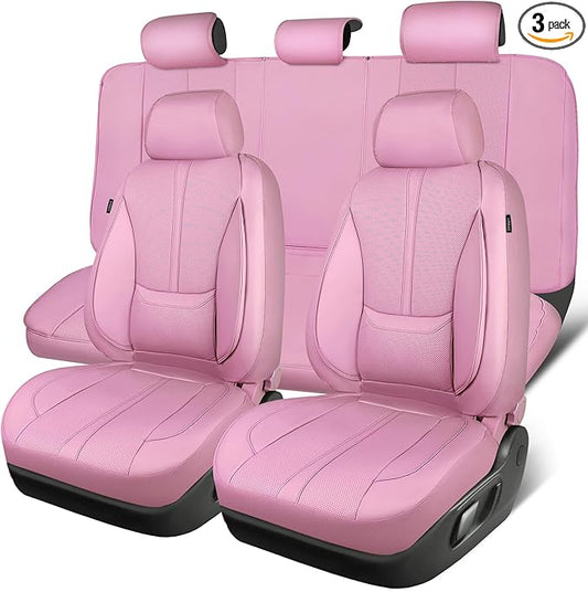 CAR PASS Pink Leather Seat Covers Full Set, Water Resistant 3D Foam Faux Leather Seat Cover, Luxury Comfort Automotive 5 Seat Covers Cute for Women Girly, Universal Fit SUV, Vans, Trucks, All Pink