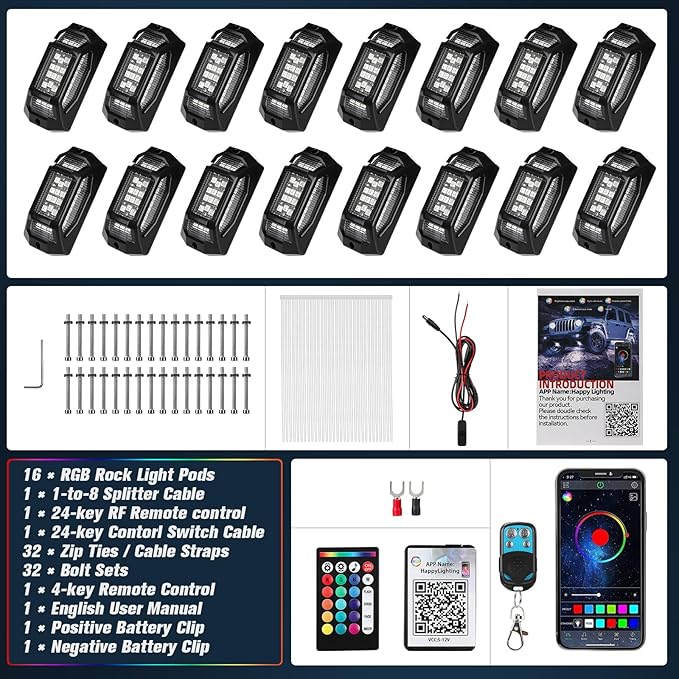 16 Pods RGB Rock Lights for Trucks - 5-Sided LED Underglow Lights with App & RF Remote Control, IP67 Waterproof Music Sync Neon Exterior Lighting Kit, No-Drill Universal Fit for SUV, ATV, Off-Road