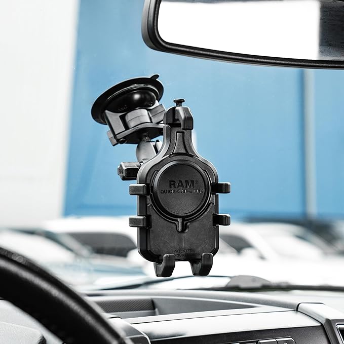 RAM MOUNTS Quick-Grip Pro Phone Mount with Twist-Lock Suction Cup and Medium Arm for Vehicle Windshields RAM-B-166-PD5U