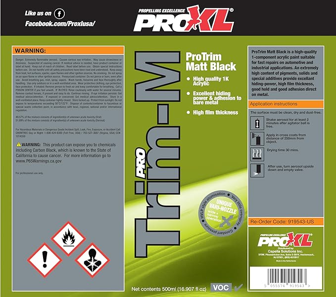 ProXL ProTrim Matt Trim Coating Aerosol - 500 ml | Restores & Renews Exterior Plastic Trim | Smooth Matt Black Finish | Fast Drying & Durable | Ideal for Bumpers, Grilles, Side Mirrors & More