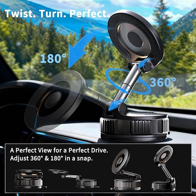 RayLink for MagSafe 360° Adjustable Car Phone Holder, [120LB Suction Cup & 2800gf Force] for Magnetic Phone, One-Hand Release Mount for iPhone 17/16/15/14/13/12