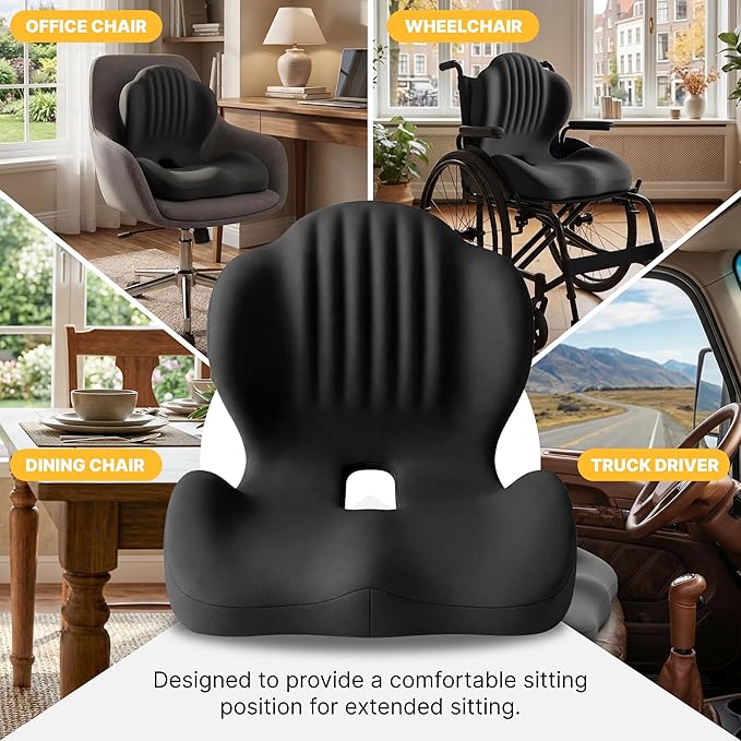 Ergonomic Seat Cushion, Office Chair Seat Cushions with L-Shaped Design, Memory Foam Orthopedic Cushion with Coccyx Hollow, Lumbar Support & Tailbone Pain Relief for Car, Truck, Gaming Chair (Black)