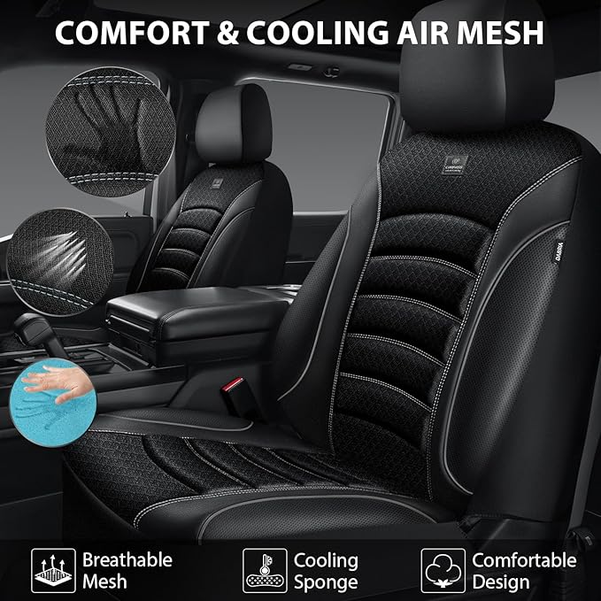 CAR PASS Comfortable 3D Foam Mesh Leather Car Seat Covers Full Sets, Air Cool Mesh Breathable Seat Covers for Car, Universal 5 Seats Fit for SUV Truck Sedan Automotive, Airbag Compatible,Black Gray