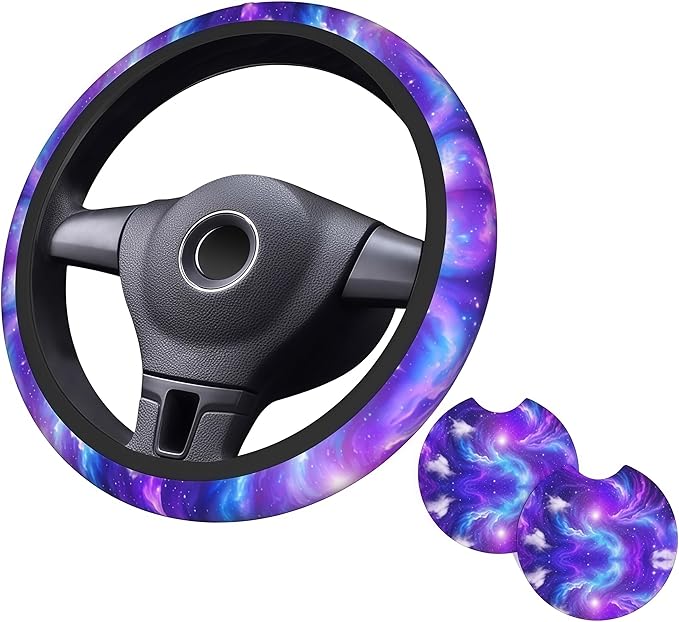Starry Sky Steering Wheel Cover - Universe Steering Wheel Cover Anti-Slip Breathable Universal for 15 Inch Car with 2 Pieces Car Coasters Suitable for Men Women