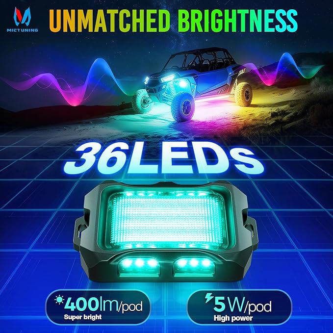 MICTUNING Q2+ MAX RGB+IC Rock Lights - 12 Pods Multi-Color DIY Effect Underglow Neon Kit, Individual Group Control, APP Music Sync, IP68 Waterproof