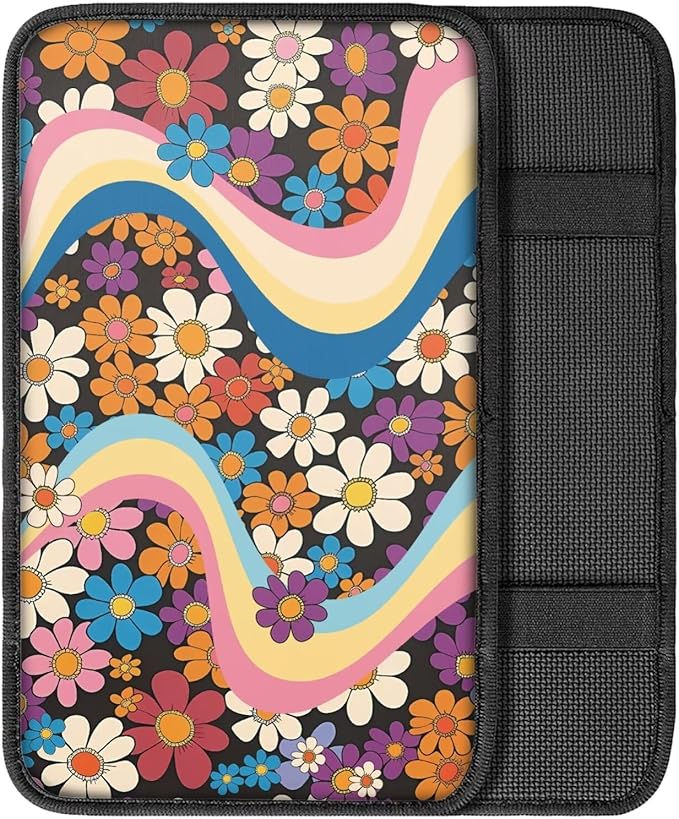 Hippie Floral 70s Car Center Console Cushion Pad Flower Hippy Armrest Box Protector Cover Universal Fit Dustproof Car Arm Rest Cover Auto Interior Decoration