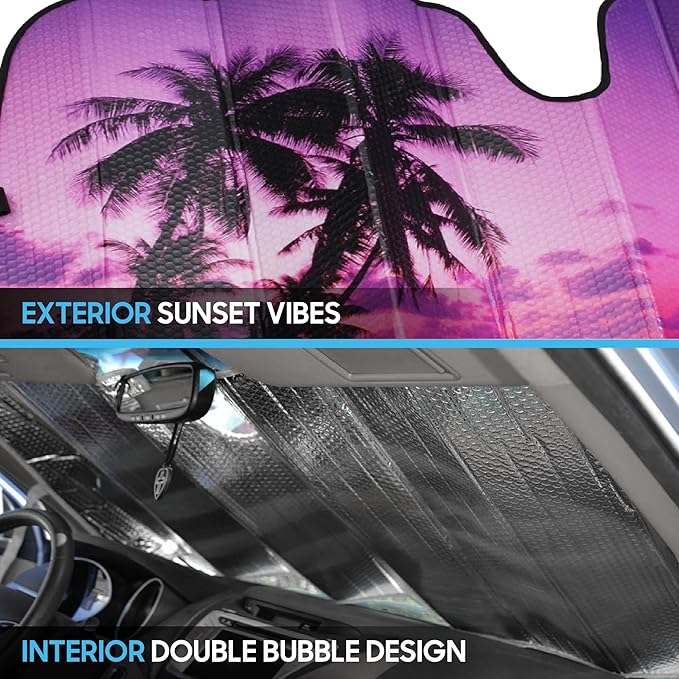 BDK Purple Sunset Beach Front Windshield Sun Shade Accordion Folding Cute Car Window Shades for Truck & Car Sunshade Shield for Sun UV Rays - Visor Protector Keeps Your Vehicle Cool - 58 x 27 inches