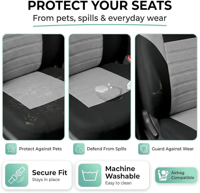 FH Group Gray Polyester Car Seat Cover, 3D Air Mesh, Front Set, Airbag Compatible, Universal Fit for Cars Trucks SUVs