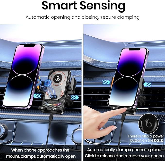 Wireless Car Phone Charger Holder, Smart Auto-Clamping Fast Charging Car Phone Holder with Atmosphere Lights, Rotating Air Vent Mount Compatible with All Smartphones (Black)