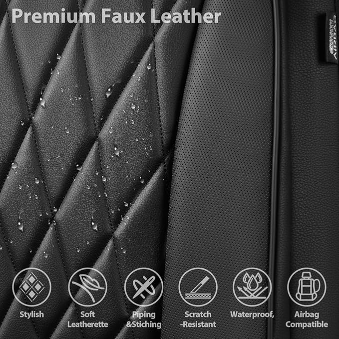 CAR PASS Piping Luxury Faux PU Leather Two Front Car Seat Covers, Waterproof Anti Slip Seat Covers Compatible with Front Seat Armrests,Universal Fit for Suvs,Vans,Trucks, Airbag Compatible(All Black)
