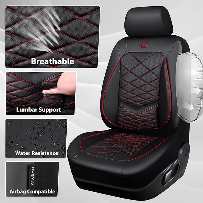CAR PASS Luxury Nappa Leather Front Seat Covers, Water Resistant 3D Foam Seat Covers with Lumbar Support, Breathable Auto Seat Cover Airbag Compatible Universal Fit for Sedan SUV Van Truck, Black Red