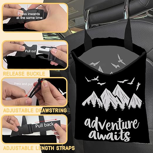 Adventure Awaits Car Trash Bag,Mountain Forest Strap Drawstring Car Garbage Bags,Car Back Seat Organizer with Adjustable Buckle for Car Accessories