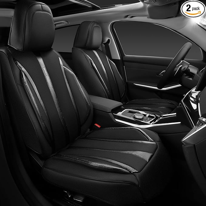 CAR PASS Carbon Fiber Nappa Leather Car Seat Covers Front Only Cushioned Leatherette 2 Piece Padded Waterproof Universal Fit for Cars SUV Truck Pickup Automotive Vehicle Interior, 2PCS Black
