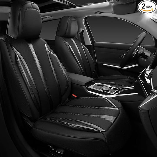 CAR PASS Carbon Fiber Nappa Leather Car Seat Covers Front Only Cushioned Leatherette 2 Piece Padded Waterproof Universal Fit for Cars SUV Truck Pickup Automotive Vehicle Interior, 2PCS Black