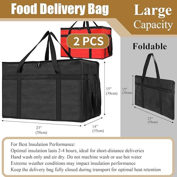 PEASUG 2 Pcs Insulated Bags for Food Delivery, XXXL Pizza Delivery Bags, Large Capacity Cooler Bag Keep Food Warm for Grocery Shopping and Catering, Foldable, Heavy-Duty (Red+ Black)