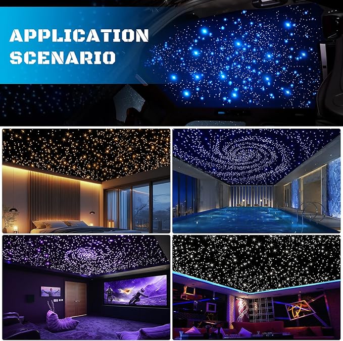 Fiber Optic Car Starlight Headliner Kit, Twinkle & Sound Activated RGBW 16W 200pcs*0.03in*6.5ft Fiber Strands Car Star Roof Lights with APP& Remote Controlled, Ceiling Star Lights for Home/Car Decor