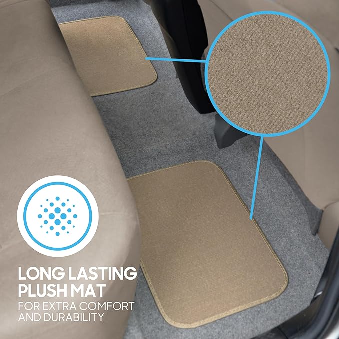 Beige Heavy Duty Front & Rear Carpet Floor Mats Universal Liners for Car SUV Van & Truck, All Weather Protection with Anti-Slip Nibs, Fit Contours of Most Vehicles