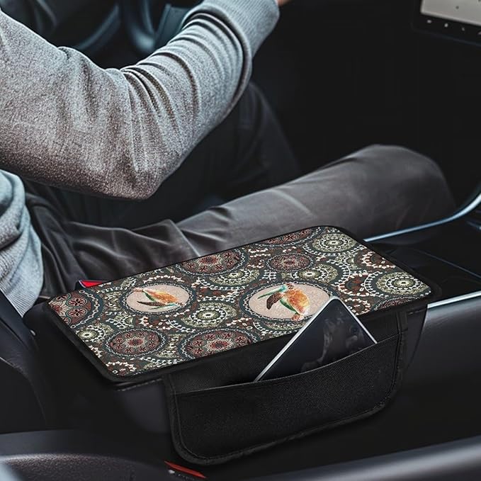 Boho Mandala and Turtle Print Car Armrest Cover Breathable Auto Center Console Pad with 2 Storage Bags Anti-Slip Car Armrest Cover Cushion Universal Fit for Sedan Truck SUV