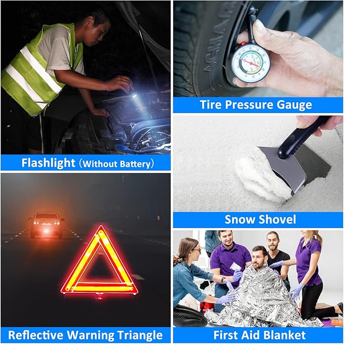 Emergency Car Kit with Jumper Cables & Snow Shovel, Winter Roadside Assistance Safety Kit for Cars, Trucks, SUVs and RVs