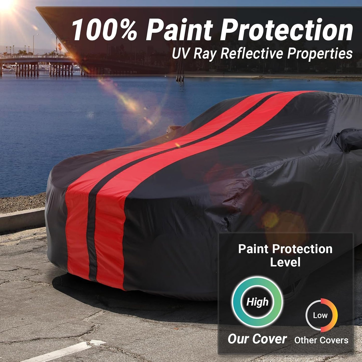iCarCover Custom Car Cover for Chevy Prizm (1998-2002) Waterproof All Weather Rain Snow UV Sun Protector Full Exterior Indoor Outdoor Car Cover (Stripe - Black/Red)