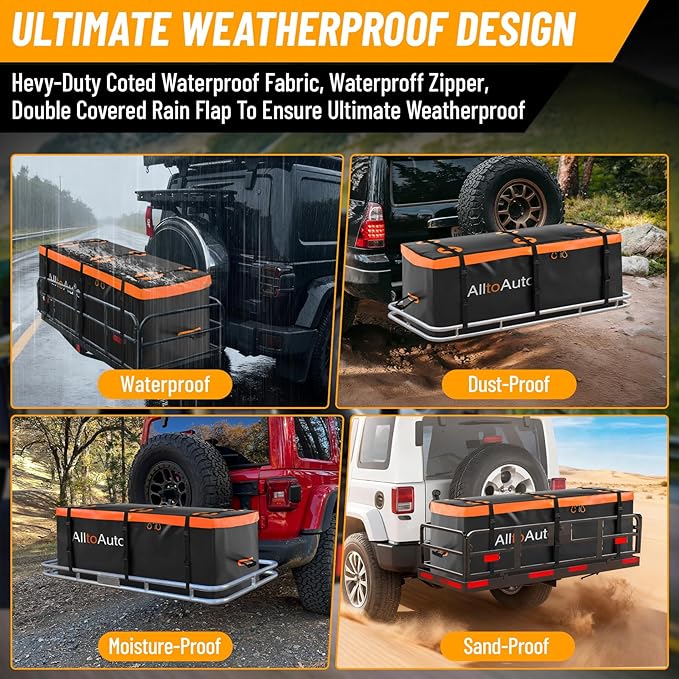 40 CuFt Waterproof Cargo Bag for Hitch Carrier | 70"x30"x33" Trailer Hitch Cargo Carrier | Weatherproof Truck Bed Storage with Straps, Lock & Carry Case | PVC Vehicle Soft-Shell Carriers