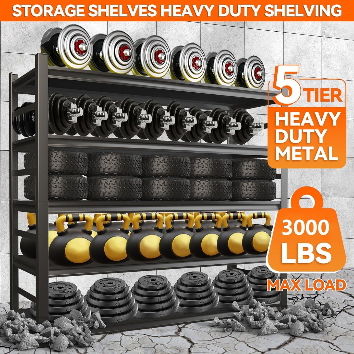Metal Garage Shelving Unit, Heavy Duty 5-Tier Adjustable Storage shelves, Steel Shelving, 3000 lbs Capacity, Industrial Shelves for Heavy Tools and Equipment, Ideal for Garage, Basement, Black, 72"