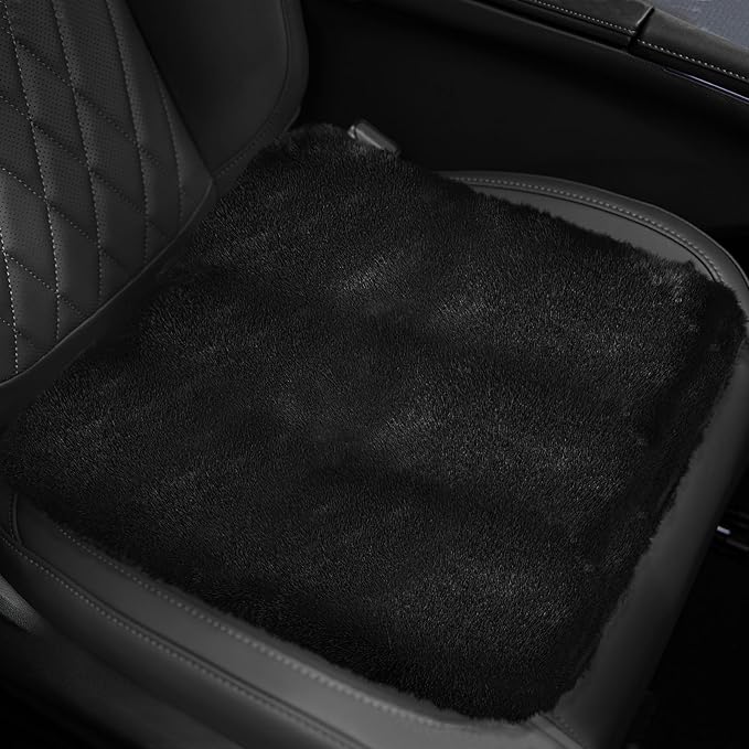 wuyaoyao Sheepskin Car Seat Cushion, Soft Comfort Fur Wool Car Seat Covers, Winter Warm Auto Front Seat Cushion Pad, Fuzzy Seat Bottom Protector Universal for Vehicle Office Chair (Black)